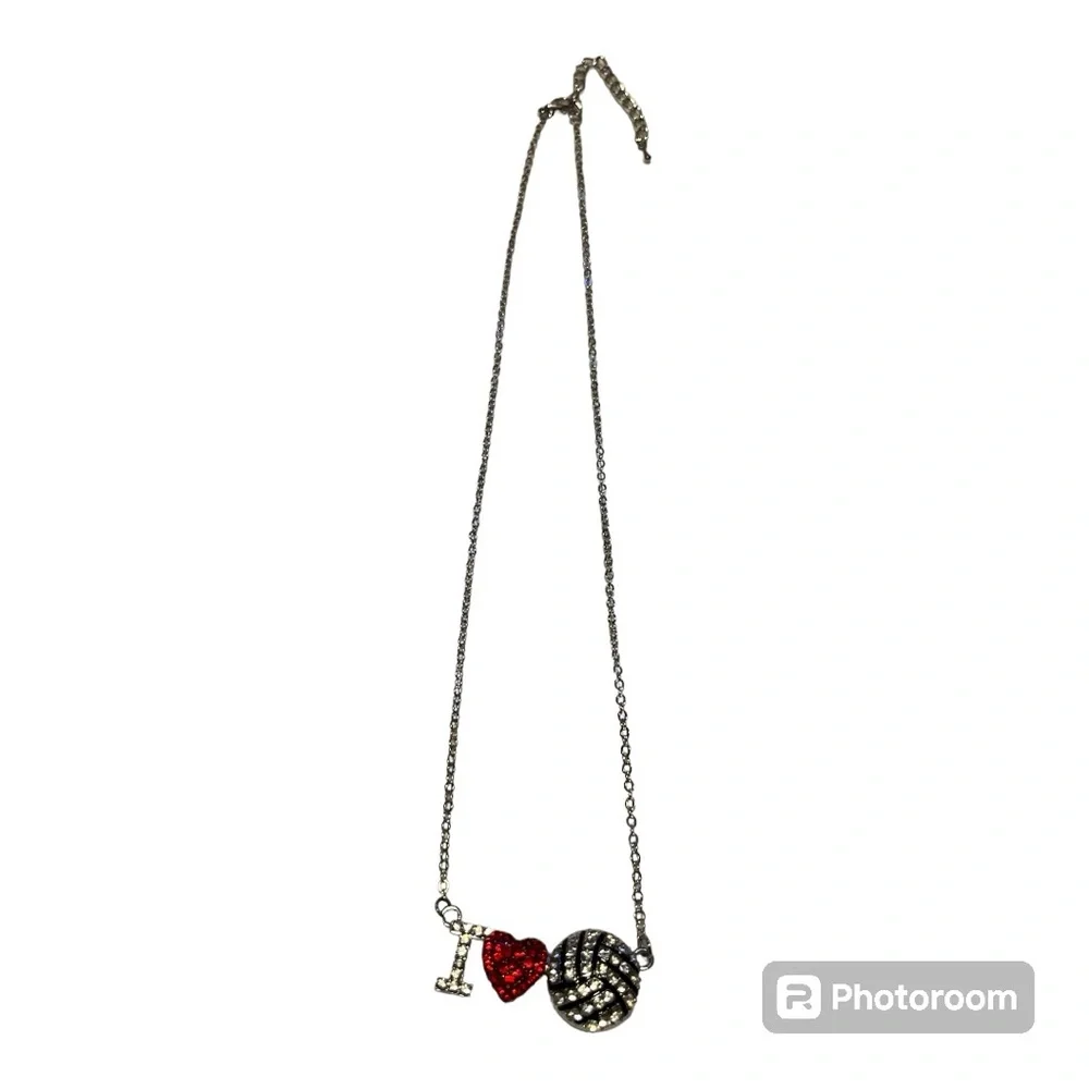 I LOVE VOLLEYBALL RHINESTONE PENDANT ON SILVERTONE CHAIN NWT